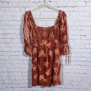 Latt Collection Womens Velvet Floral Mini Dress Puff Sleeve Pink Size M Milkmaid